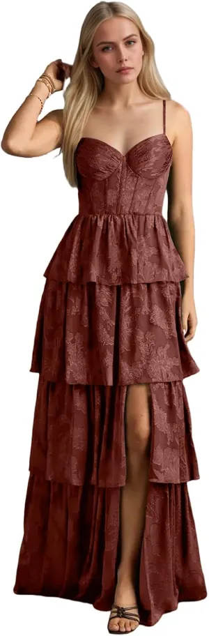 Women's Spaghetti Straps V-Neck Prom Dresses Long Tiered Ruffle Chiffon Formal Evening Gown with Slit NO144