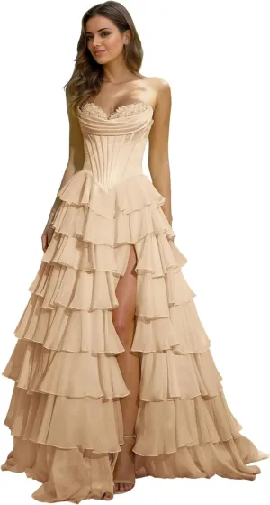 Women's Strapless Corset Prom Dresses 2025 Long Tiered Ruffle Chiffon Formal Evening Gown with Slit NO142