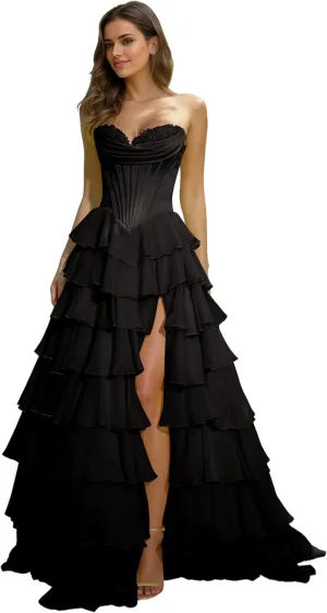 Women's Strapless Corset Prom Dresses 2025 Long Tiered Ruffle Chiffon Formal Evening Gown with Slit NO142