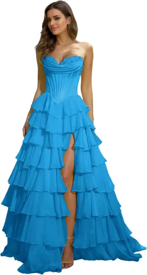 Women's Strapless Corset Prom Dresses 2025 Long Tiered Ruffle Chiffon Formal Evening Gown with Slit NO142