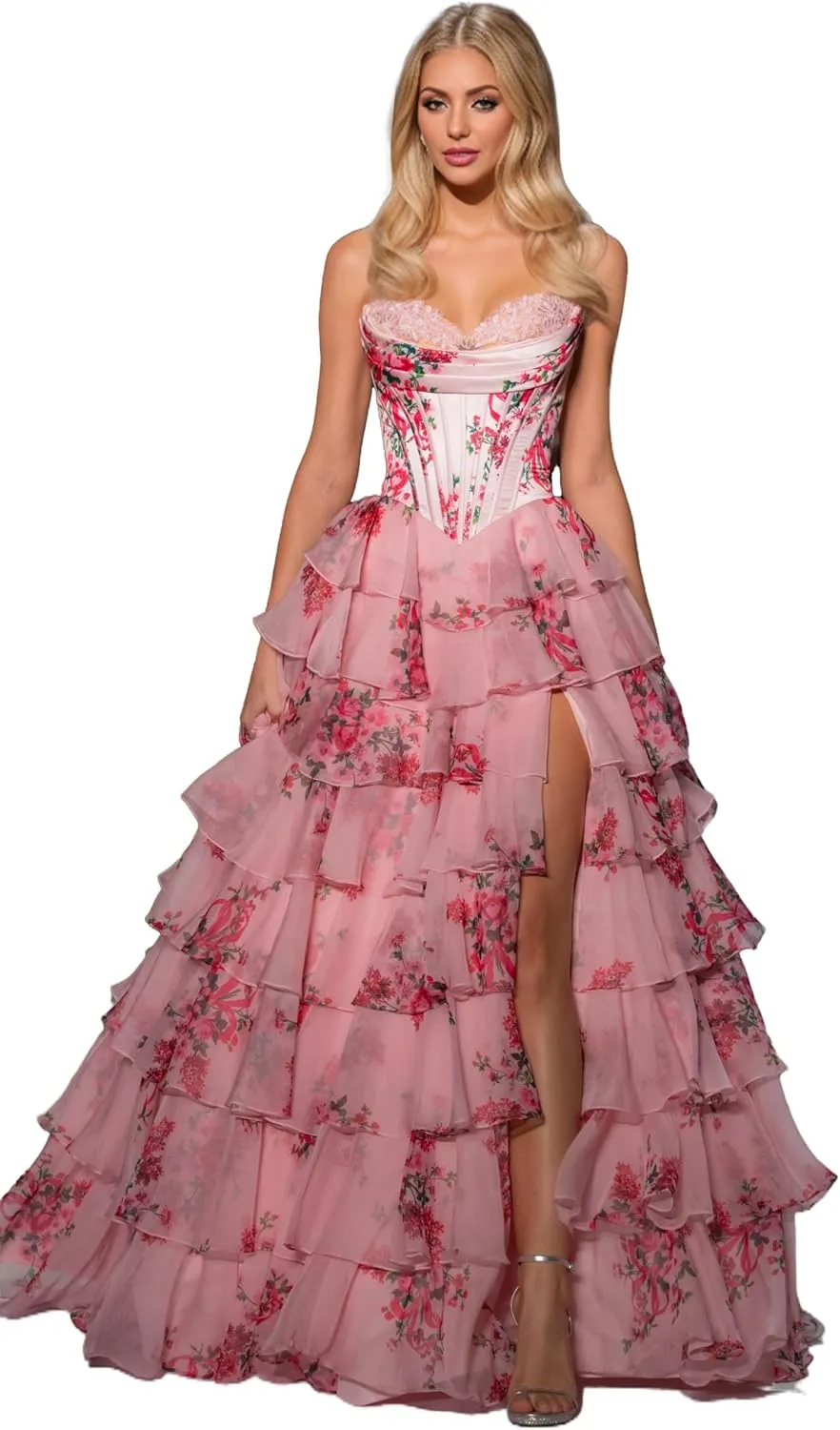 Women's Strapless Corset Prom Dresses 2025 Long Tiered Ruffle Chiffon Formal Evening Gown with Slit NO142