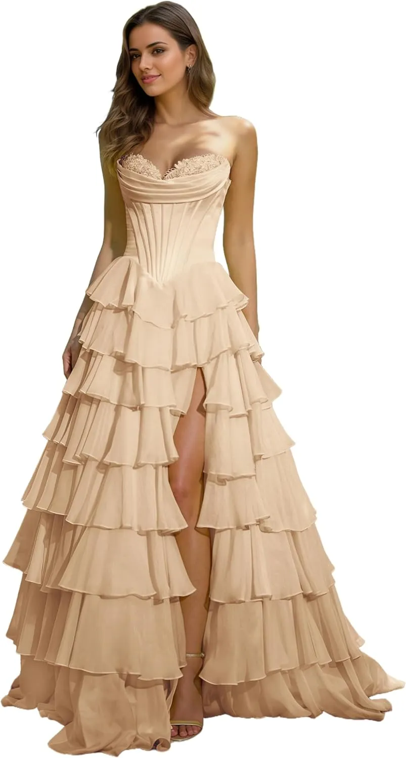 Women's Strapless Corset Prom Dresses 2025 Long Tiered Ruffle Chiffon Formal Evening Gown with Slit NO142