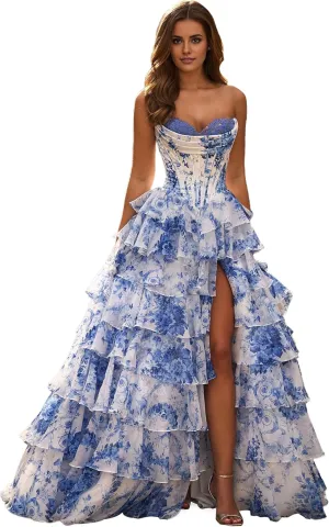 Women's Strapless Corset Prom Dresses 2025 Long Tiered Ruffle Chiffon Formal Evening Gown with Slit NO142