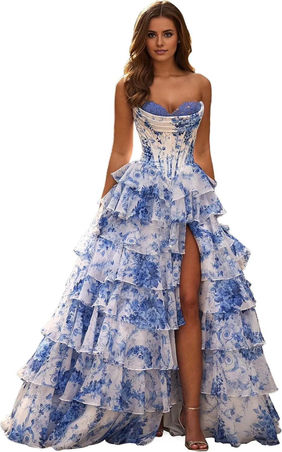 Women's Strapless Corset Prom Dresses 2025 Long Tiered Ruffle Chiffon Formal Evening Gown with Slit NO142