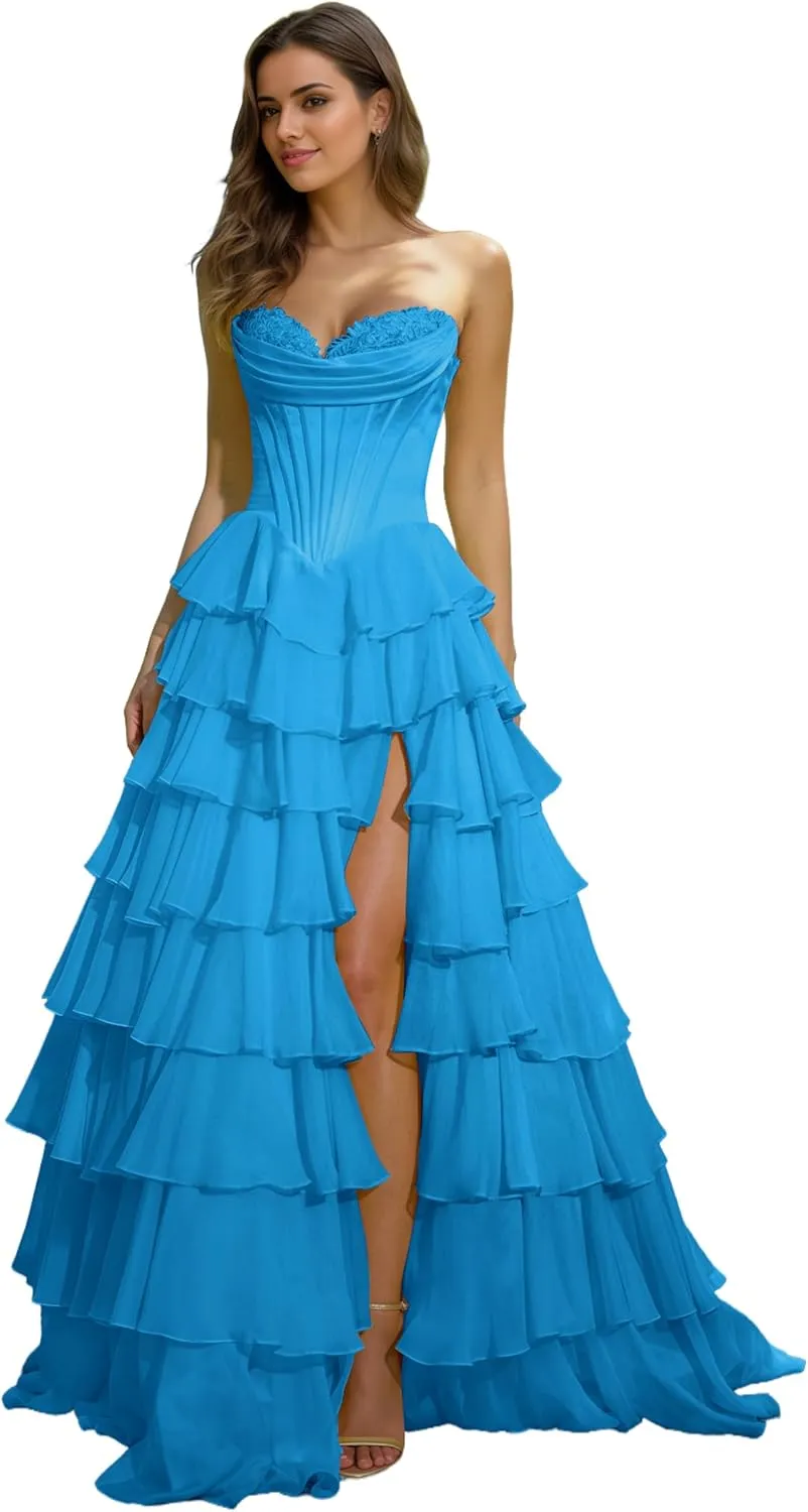Women's Strapless Corset Prom Dresses 2025 Long Tiered Ruffle Chiffon Formal Evening Gown with Slit NO142
