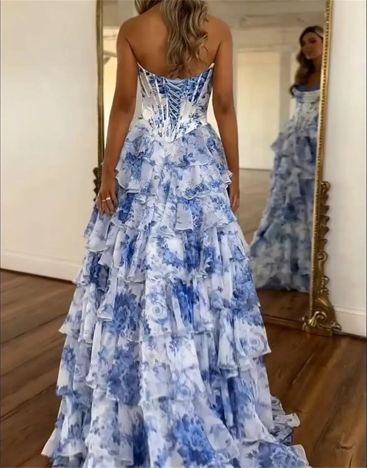 Women's Strapless Corset Prom Dresses 2025 Long Tiered Ruffle Chiffon Formal Evening Gown with Slit NO142