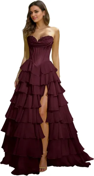 Women's Strapless Corset Prom Dresses 2025 Long Tiered Ruffle Chiffon Formal Evening Gown with Slit NO142