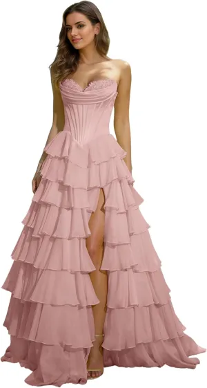 Women's Strapless Corset Prom Dresses 2025 Long Tiered Ruffle Chiffon Formal Evening Gown with Slit NO142