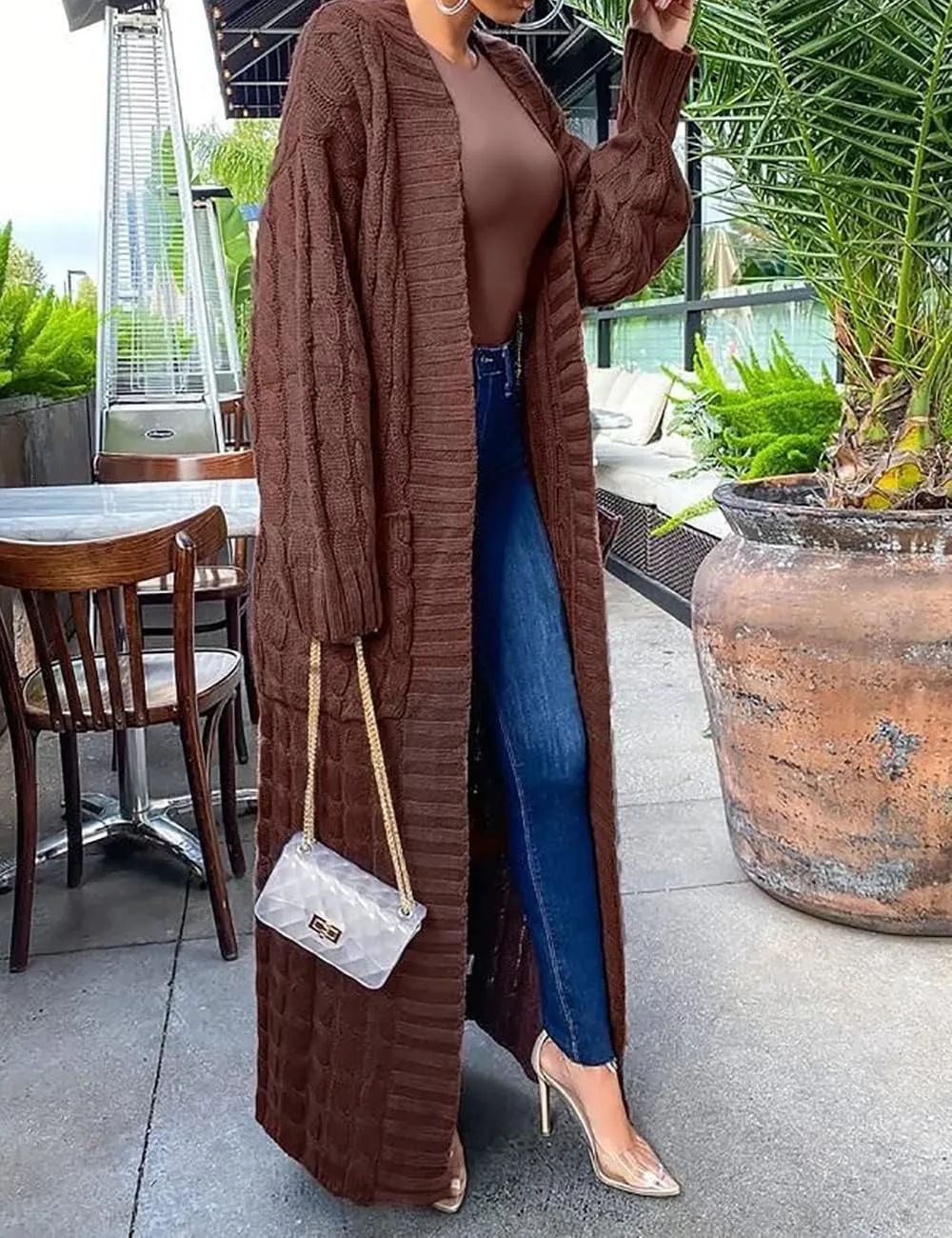 Womens Stylish Cable Knit Dual Chunky Cardigan with Pockets