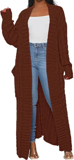 Womens Stylish Cable Knit Dual Chunky Cardigan with Pockets