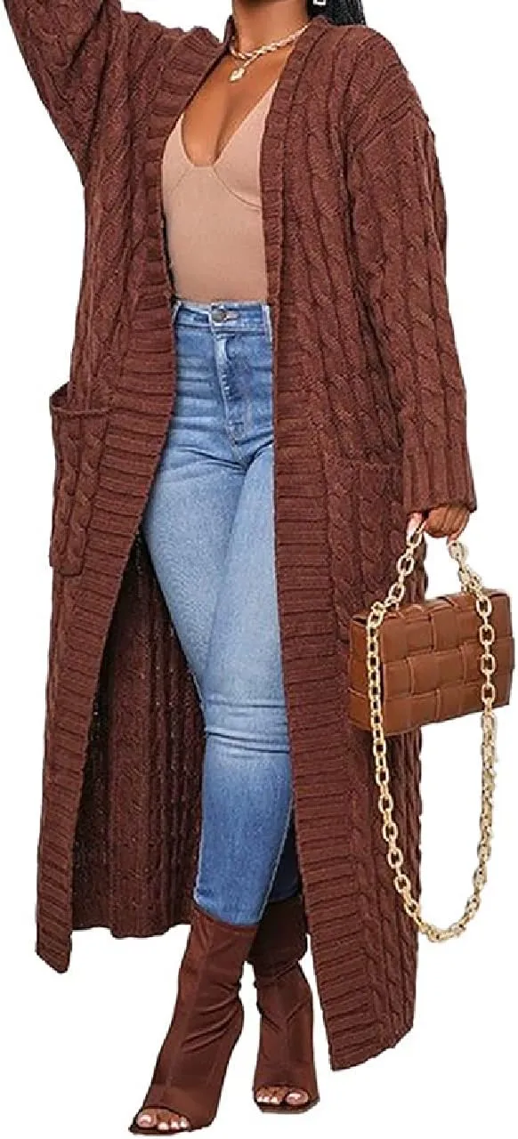 Womens Stylish Cable Knit Dual Chunky Cardigan with Pockets