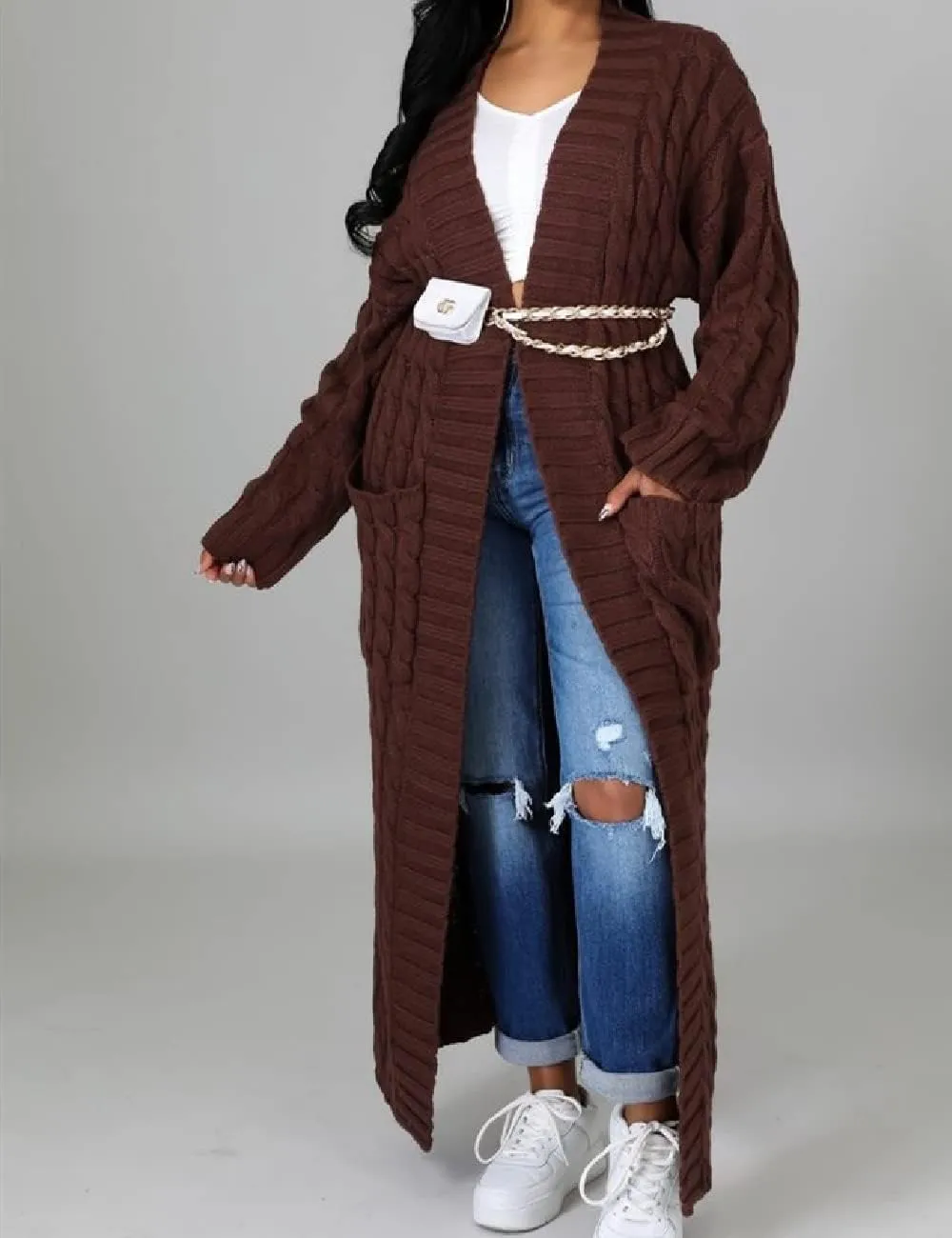 Womens Stylish Cable Knit Dual Chunky Cardigan with Pockets