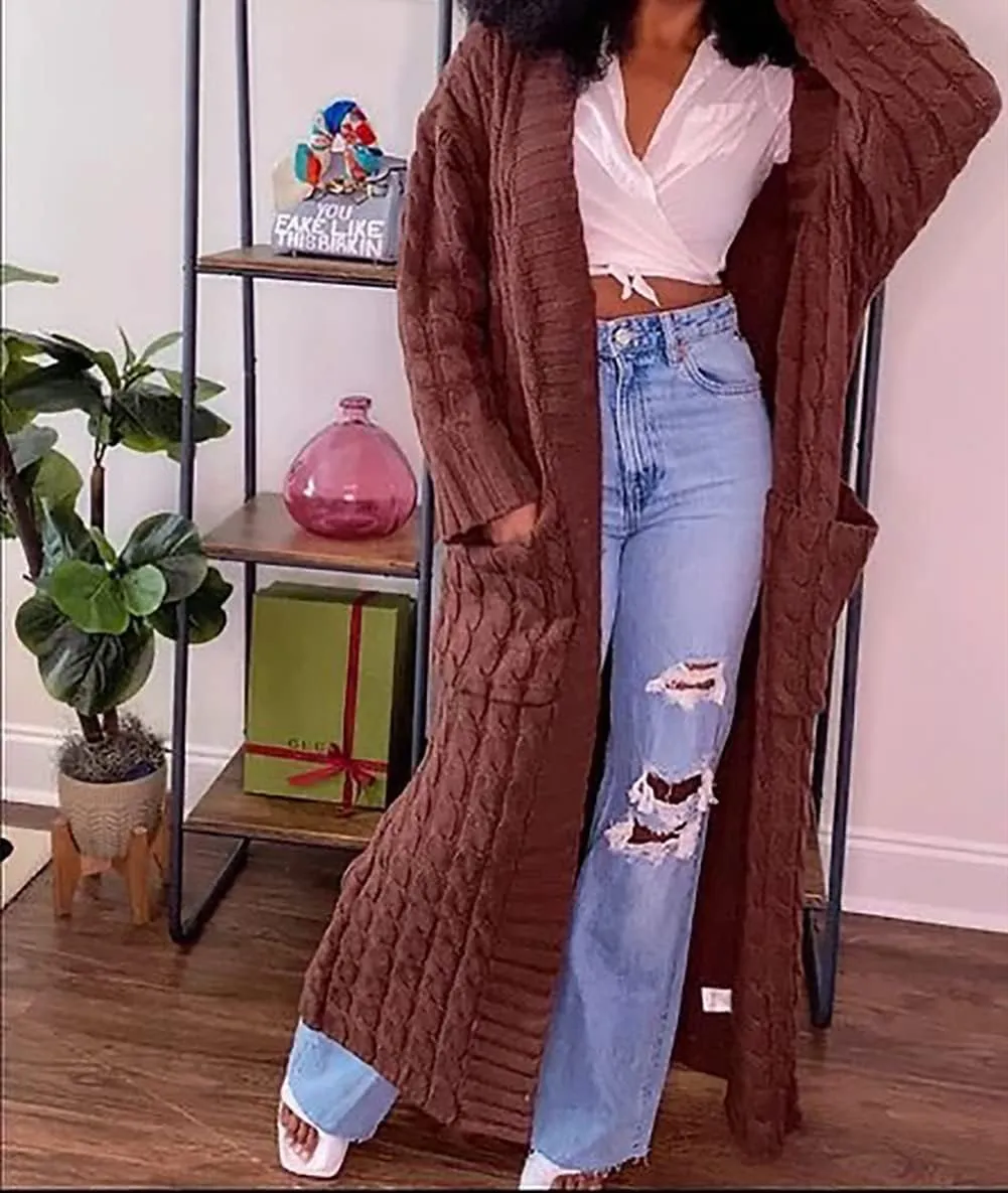 Womens Stylish Cable Knit Dual Chunky Cardigan with Pockets