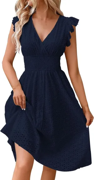 Women's Summer Lace Jacquard V Neck Wrap Sundress Ruffle Sleeve Boho Floral Elastic Waist Cute Mini Short Dresses 2024 Navy