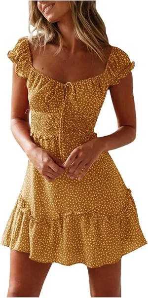 Womens Summer Sundress Casual Ruffle Sleeve Tie Front Mini Dress Sexy Short Dress Floral Boho Vacation Dresses