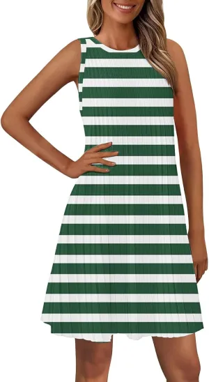 Women's Summer Tank Mini Dress Sleeveless A-Line Dresses Casual Stripe Floral T-Shirt Dress Flowy Beach Sundress