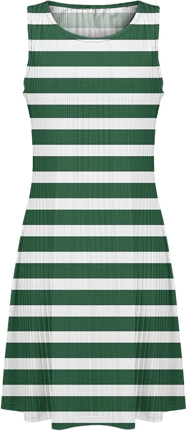 Women's Summer Tank Mini Dress Sleeveless A-Line Dresses Casual Stripe Floral T-Shirt Dress Flowy Beach Sundress