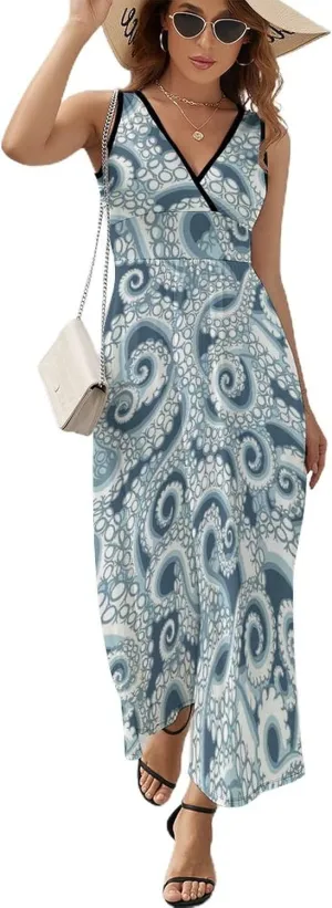 Women's Summer V Neck Sleeveless Octopus Maxi Sundress Casual Flowy Beach Tank Dress