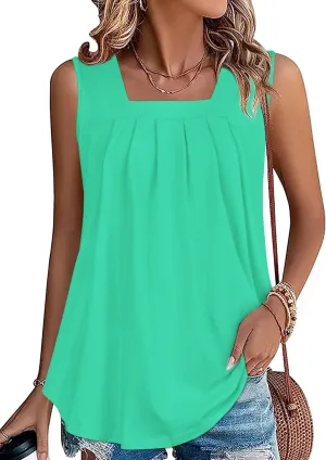 Womens Tank Tops Summer Square Neck Pleated Sleeveless Top Casual Loose Fit Basic Shirts