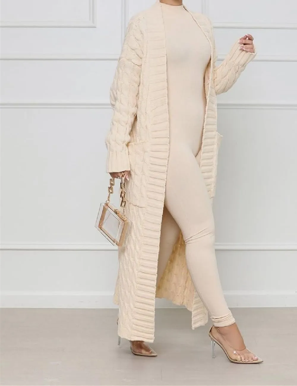 Womens Thin Stylish Cable Knit Dual Extra Long Maxi Cardigan with 2-Pockets