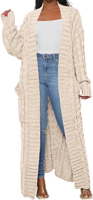 Womens Thin Stylish Cable Knit Dual Extra Long Maxi Cardigan with 2-Pockets