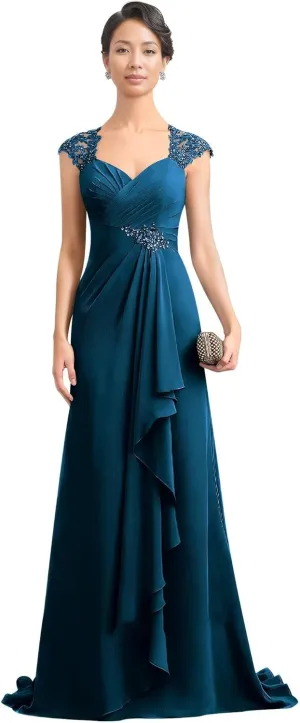 Women's V-Neck Lace Applique Mother of The Bride Dresses A-Line Ruffule Chiffon Formal Gowns and Evening Dresses