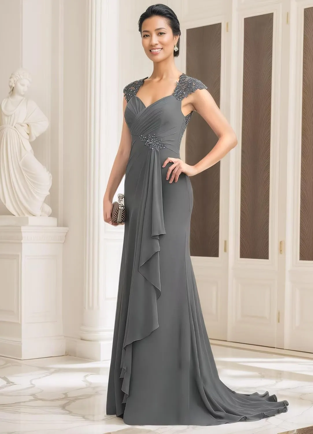 Women's V-Neck Lace Applique Mother of The Bride Dresses A-Line Ruffule Chiffon Formal Gowns and Evening Dresses