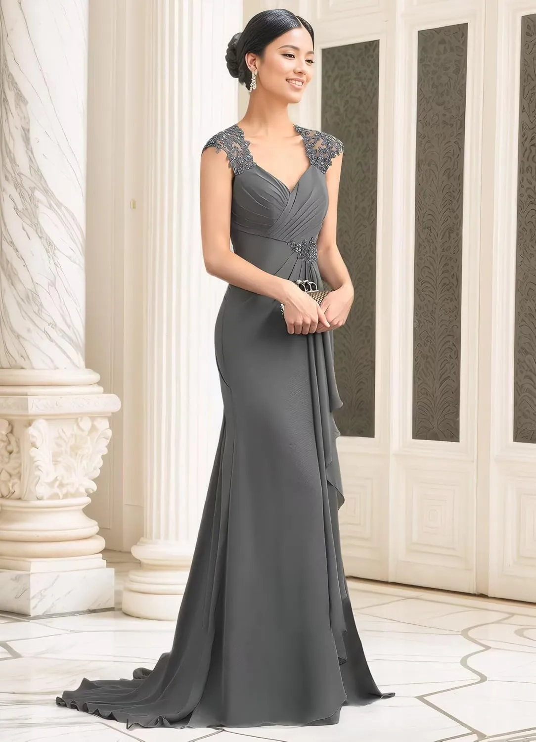 Women's V-Neck Lace Applique Mother of The Bride Dresses A-Line Ruffule Chiffon Formal Gowns and Evening Dresses