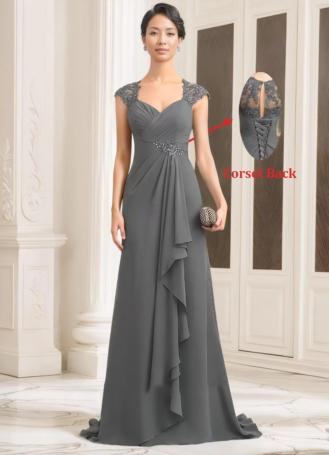 Women's V-Neck Lace Applique Mother of The Bride Dresses A-Line Ruffule Chiffon Formal Gowns and Evening Dresses