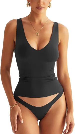 Womens V Neck Tank Tops Sleeveless Double Lined Basic Tops Slim Fit Summer Shirts 2025
