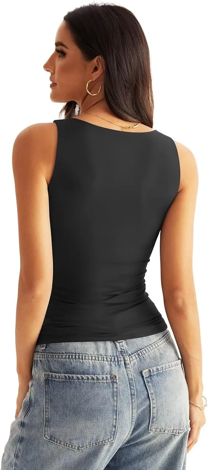 Womens V Neck Tank Tops Sleeveless Double Lined Basic Tops Slim Fit Summer Shirts 2025