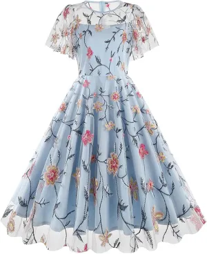 Women's Wedding Guest Dresses Floral Embroidery Tulle Vintage Cocktail Swing Dress Ruffle Short Sleeve Prom Dress