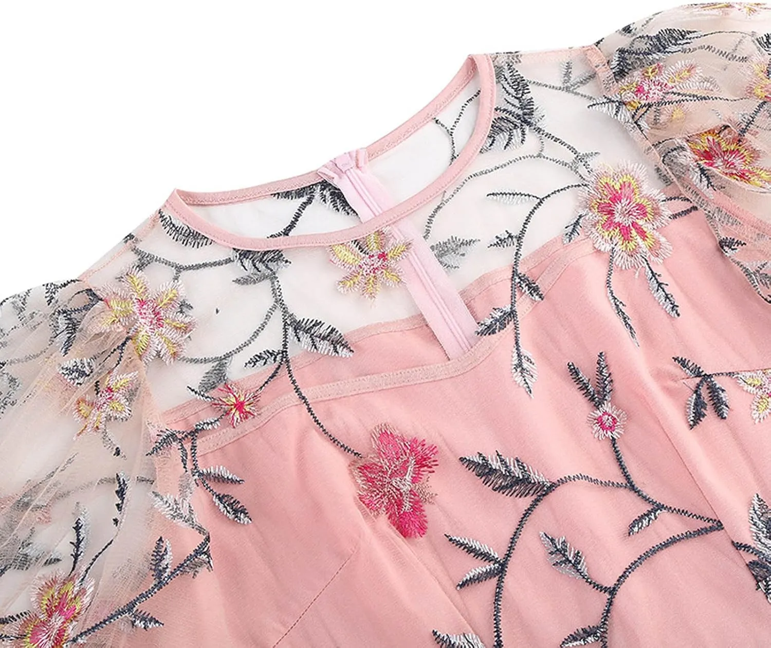 Women's Wedding Guest Dresses Floral Embroidery Tulle Vintage Cocktail Swing Dress Ruffle Short Sleeve Prom Dress