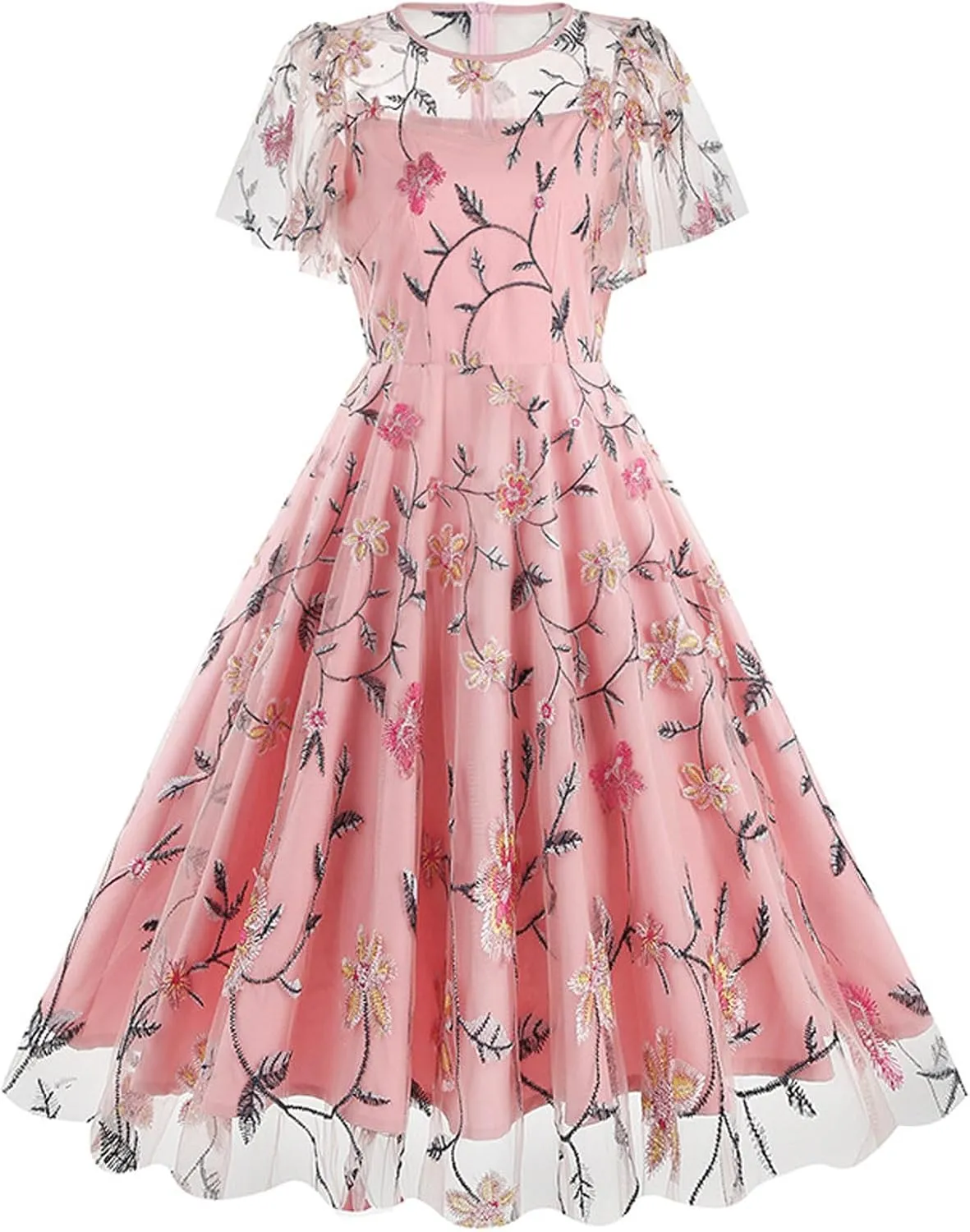 Women's Wedding Guest Dresses Floral Embroidery Tulle Vintage Cocktail Swing Dress Ruffle Short Sleeve Prom Dress