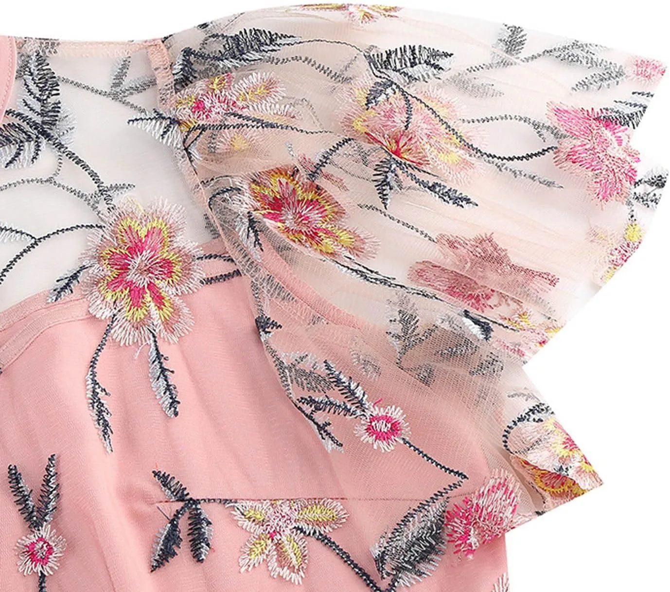 Women's Wedding Guest Dresses Floral Embroidery Tulle Vintage Cocktail Swing Dress Ruffle Short Sleeve Prom Dress