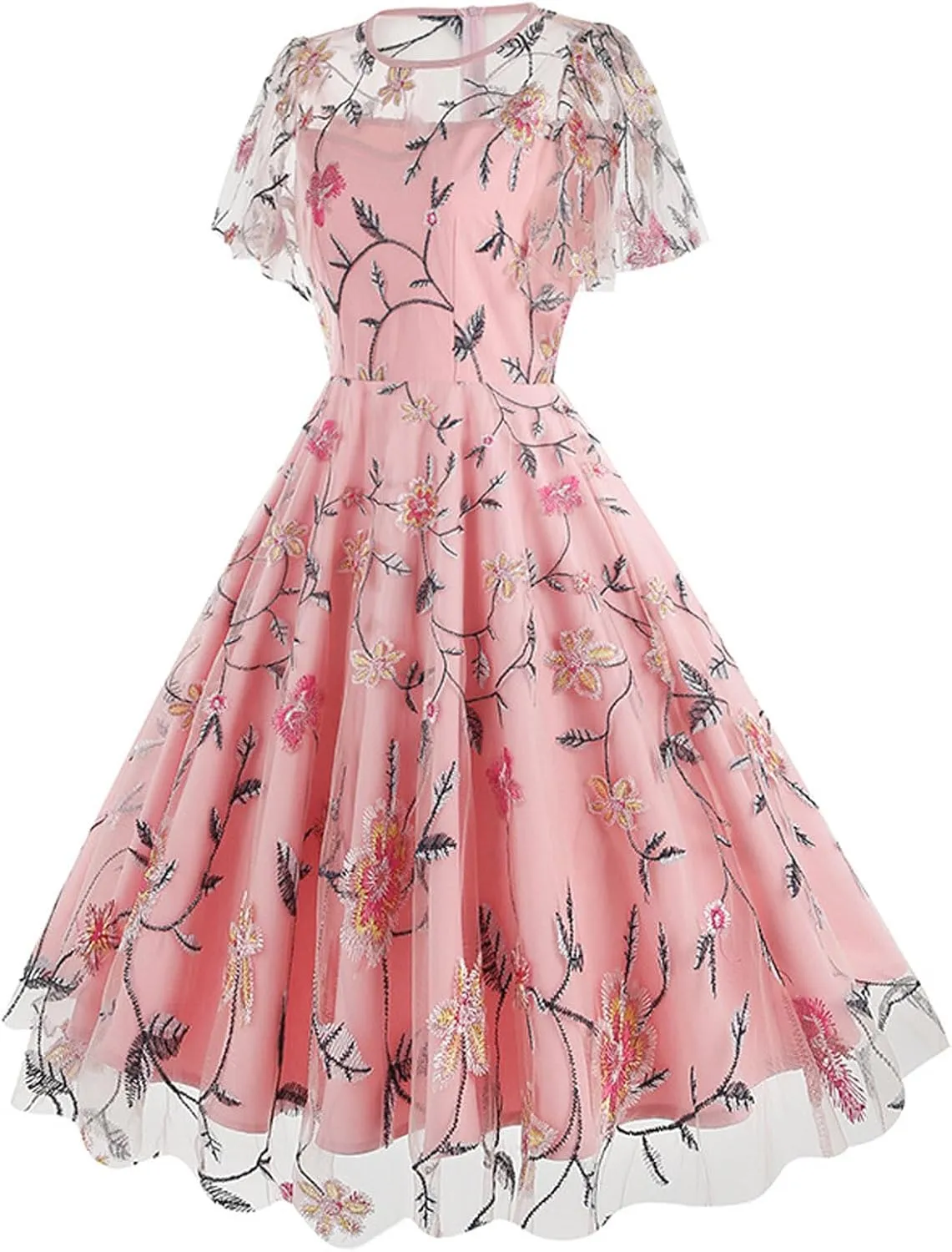 Women's Wedding Guest Dresses Floral Embroidery Tulle Vintage Cocktail Swing Dress Ruffle Short Sleeve Prom Dress