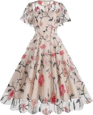 Women's Wedding Guest Dresses Floral Embroidery Tulle Vintage Cocktail Swing Dress Ruffle Short Sleeve Prom Dress