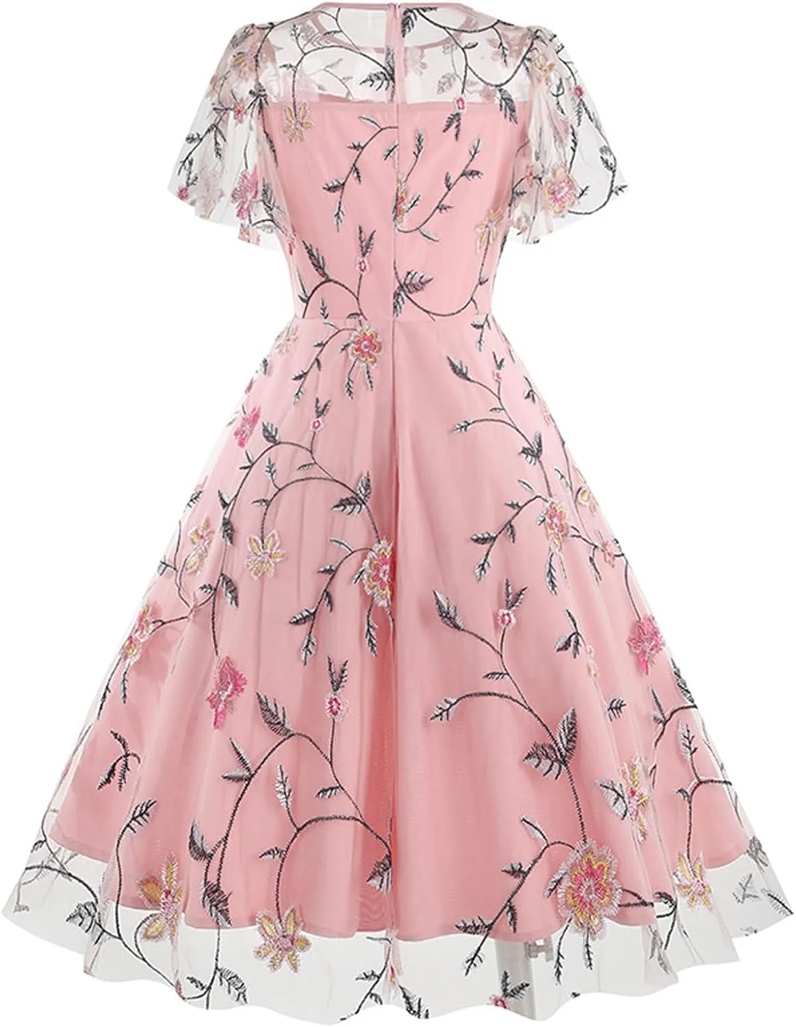 Women's Wedding Guest Dresses Floral Embroidery Tulle Vintage Cocktail Swing Dress Ruffle Short Sleeve Prom Dress