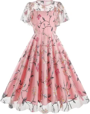 Women's Wedding Guest Dresses Floral Embroidery Tulle Vintage Cocktail Swing Dress Ruffle Short Sleeve Prom Dress