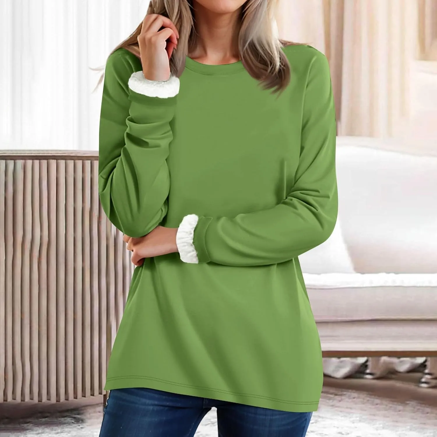 Women's Winter Warm Sherpa Lined Fleece Crewneck Pullover Sweatshirt Loungewear Tunic Tops Underwear