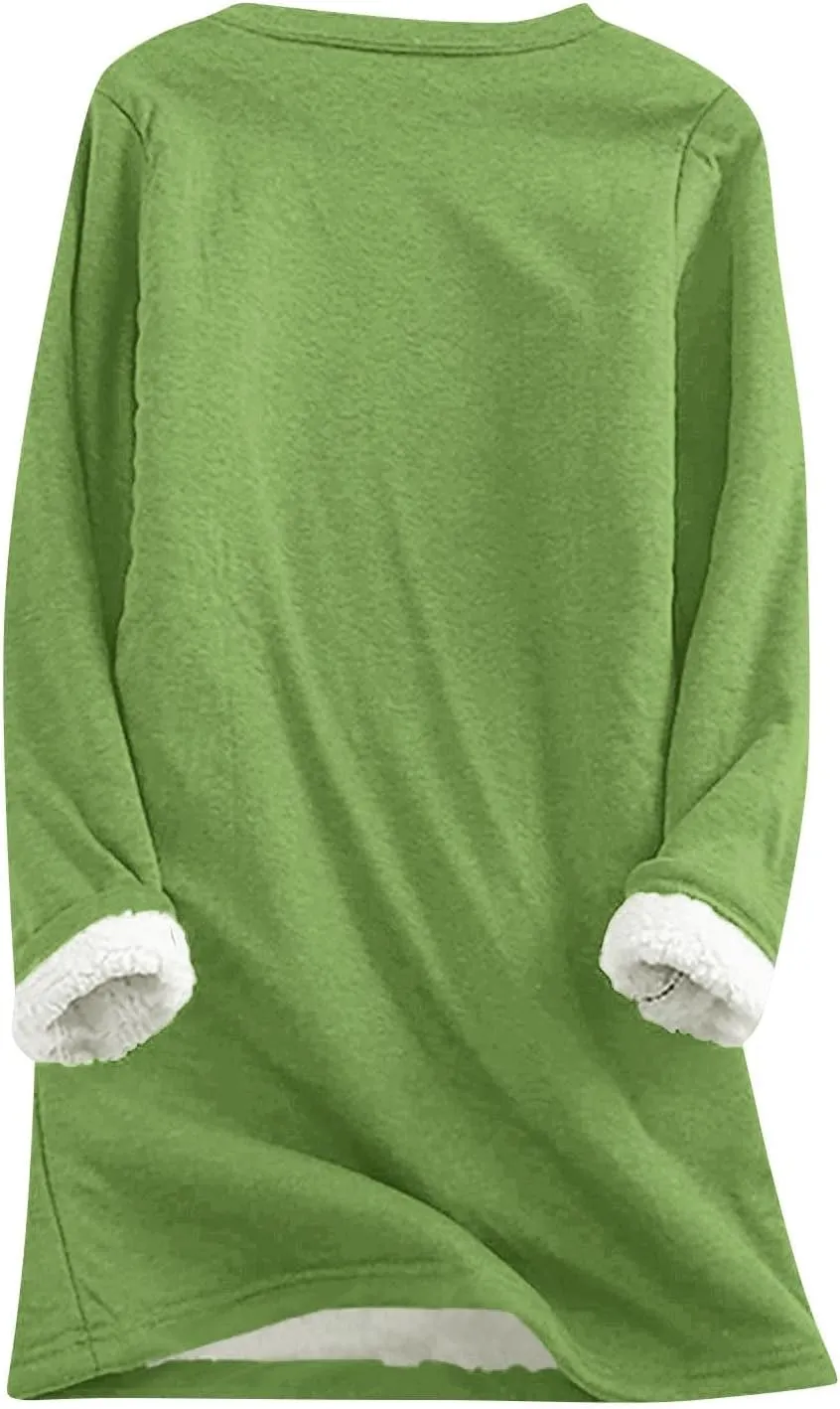 Women's Winter Warm Sherpa Lined Fleece Crewneck Pullover Sweatshirt Loungewear Tunic Tops Underwear