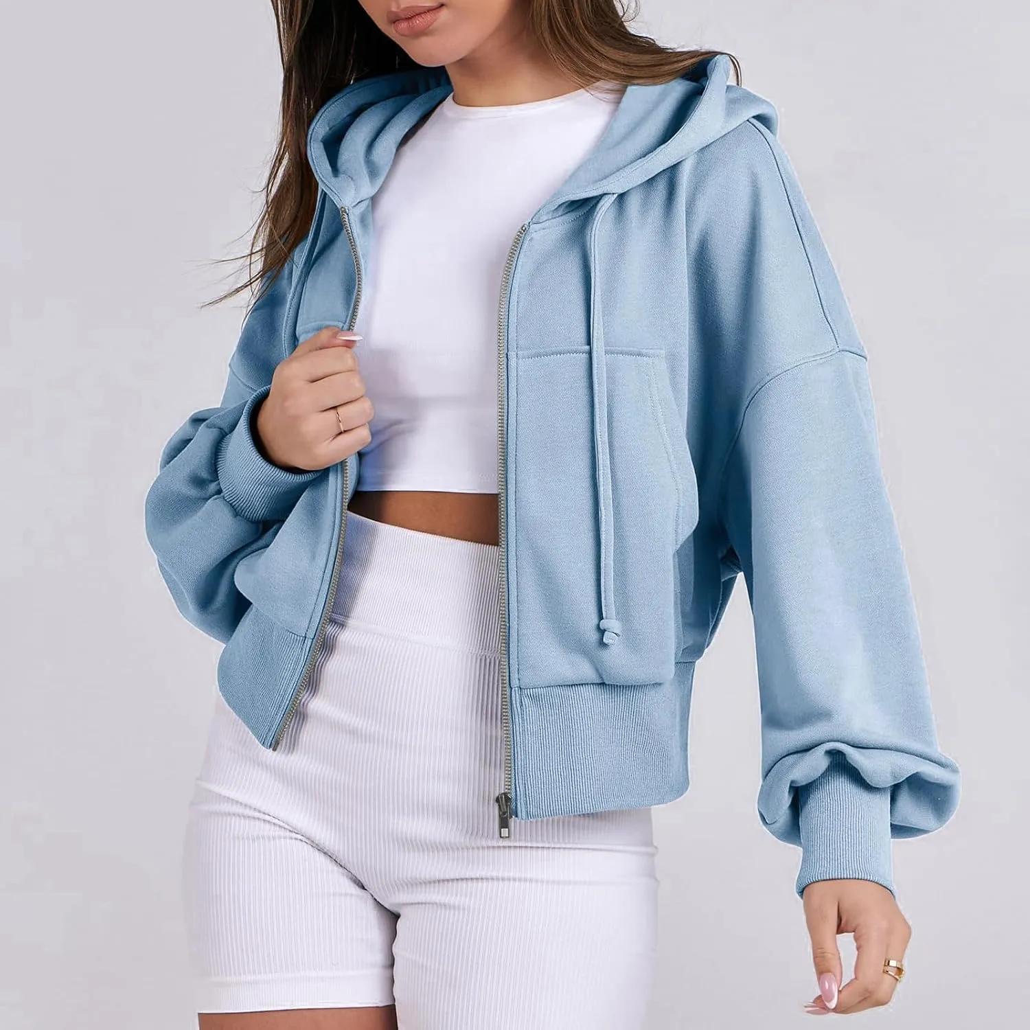 Womens Zip Up Hoodies Cropped Sweatshirts Fleece Crop Jacket Fall Casual Drawstring Full Zip Hoodie Winter Clothes