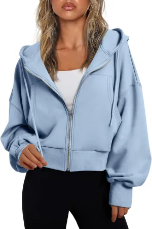 Womens Zip Up Hoodies Cropped Sweatshirts Fleece Crop Jacket Fall Casual Drawstring Full Zip Hoodie Winter Clothes