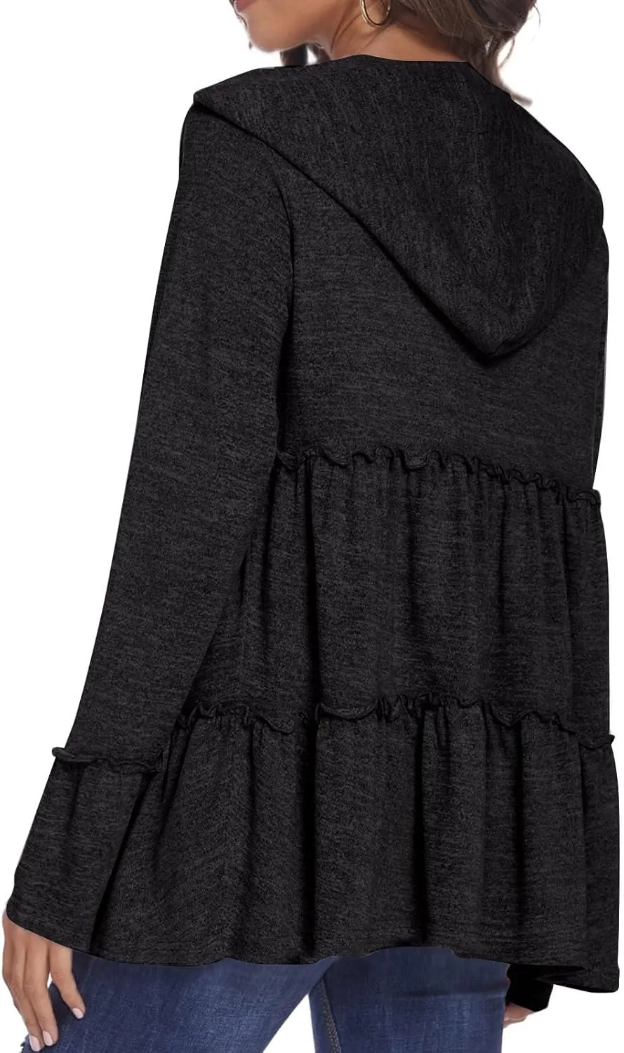 Womens Zip Up Hoodies Lightweight Pleated Tiered Hooded Sweatshirt Casual Long Sleeve Ruffle Pullover Sweaters