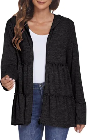 Womens Zip Up Hoodies Lightweight Pleated Tiered Hooded Sweatshirt Casual Long Sleeve Ruffle Pullover Sweaters