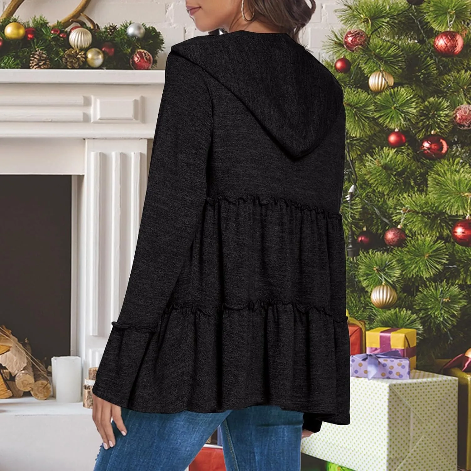 Womens Zip Up Hoodies Lightweight Pleated Tiered Hooded Sweatshirt Casual Long Sleeve Ruffle Pullover Sweaters