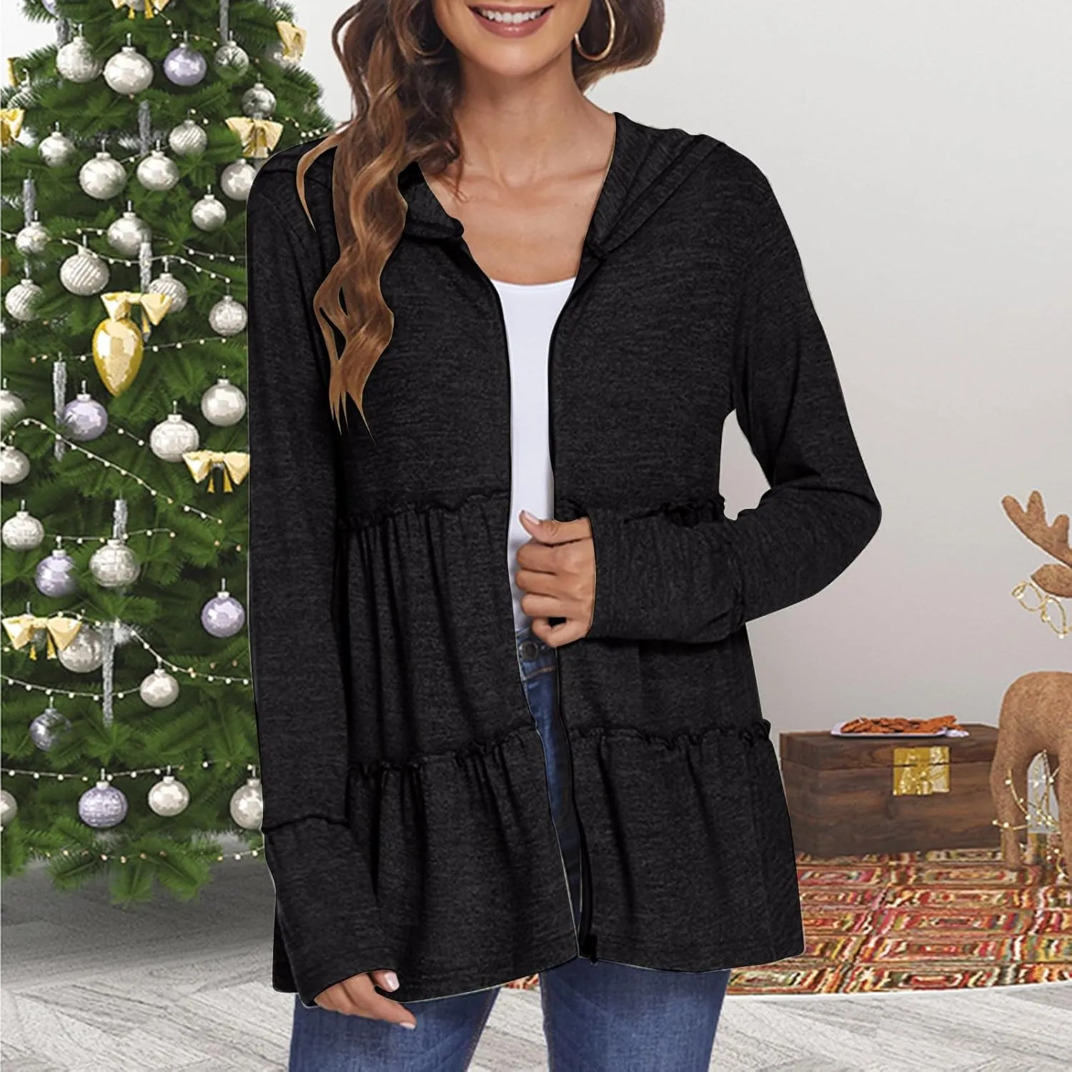 Womens Zip Up Hoodies Lightweight Pleated Tiered Hooded Sweatshirt Casual Long Sleeve Ruffle Pullover Sweaters