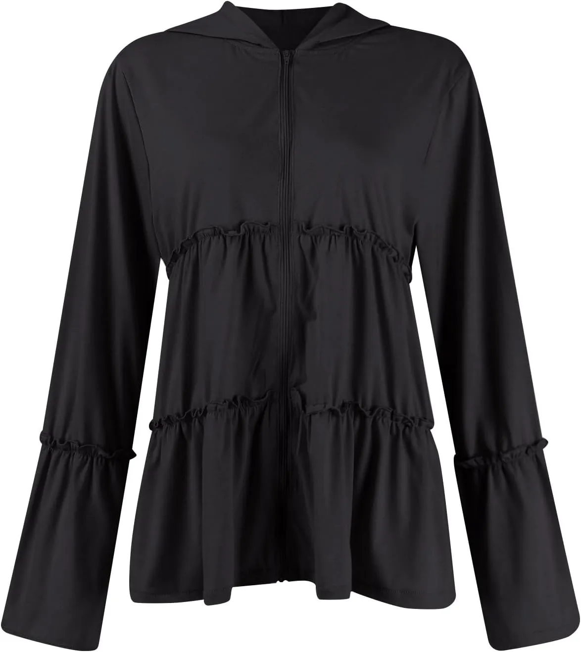 Womens Zip Up Hoodies Lightweight Pleated Tiered Hooded Sweatshirt Casual Long Sleeve Ruffle Pullover Sweaters