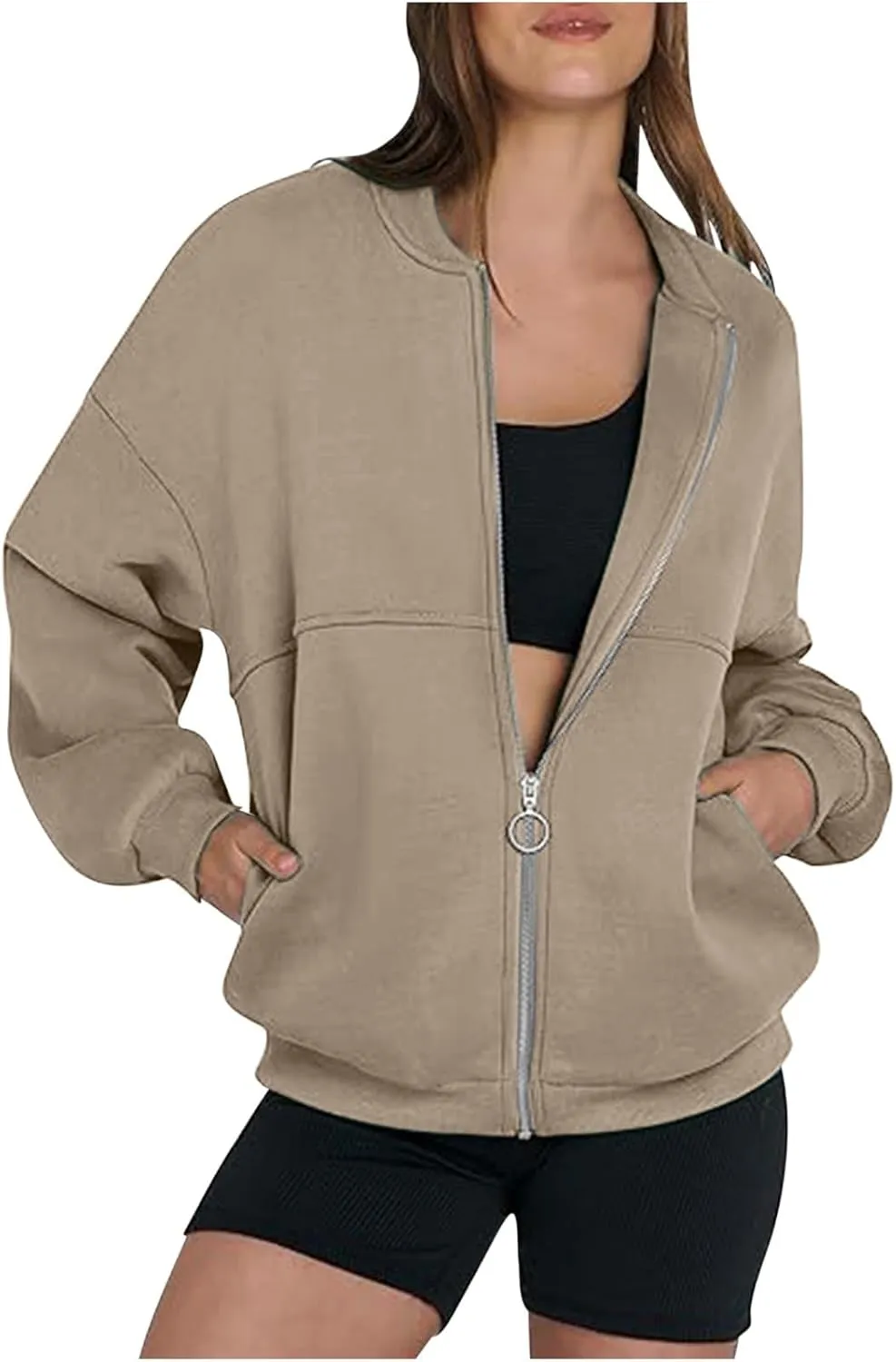 Women's Zip Up Oversized Hoodies Fall Long Sleeve Crewneck Sweatshirts Fleece Lined Loose Pullover Tops Jackets 2024