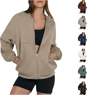 Women's Zip Up Oversized Hoodies Fall Long Sleeve Crewneck Sweatshirts Fleece Lined Loose Pullover Tops Jackets 2024